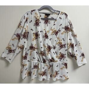 1.STATE Women’s 1X Floral Peplum Blouse White V-Neck Wrap Style 3/4 Sleeve Top